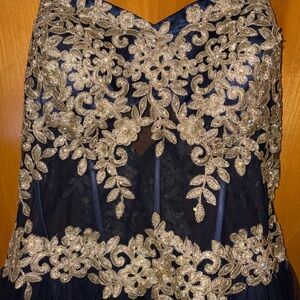 Blondie Nites Navy and Gold Strapless Prom Dress